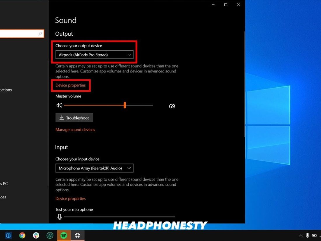 Sound Output settings on Windows PC