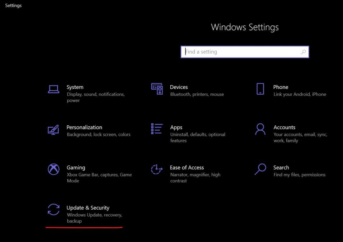 Windows settings with Updates and security highlighted