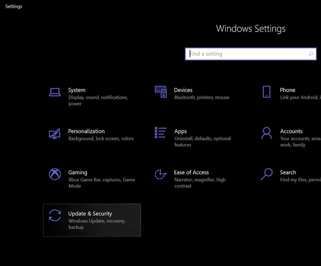 Windows settings with Updates and security highlighted2