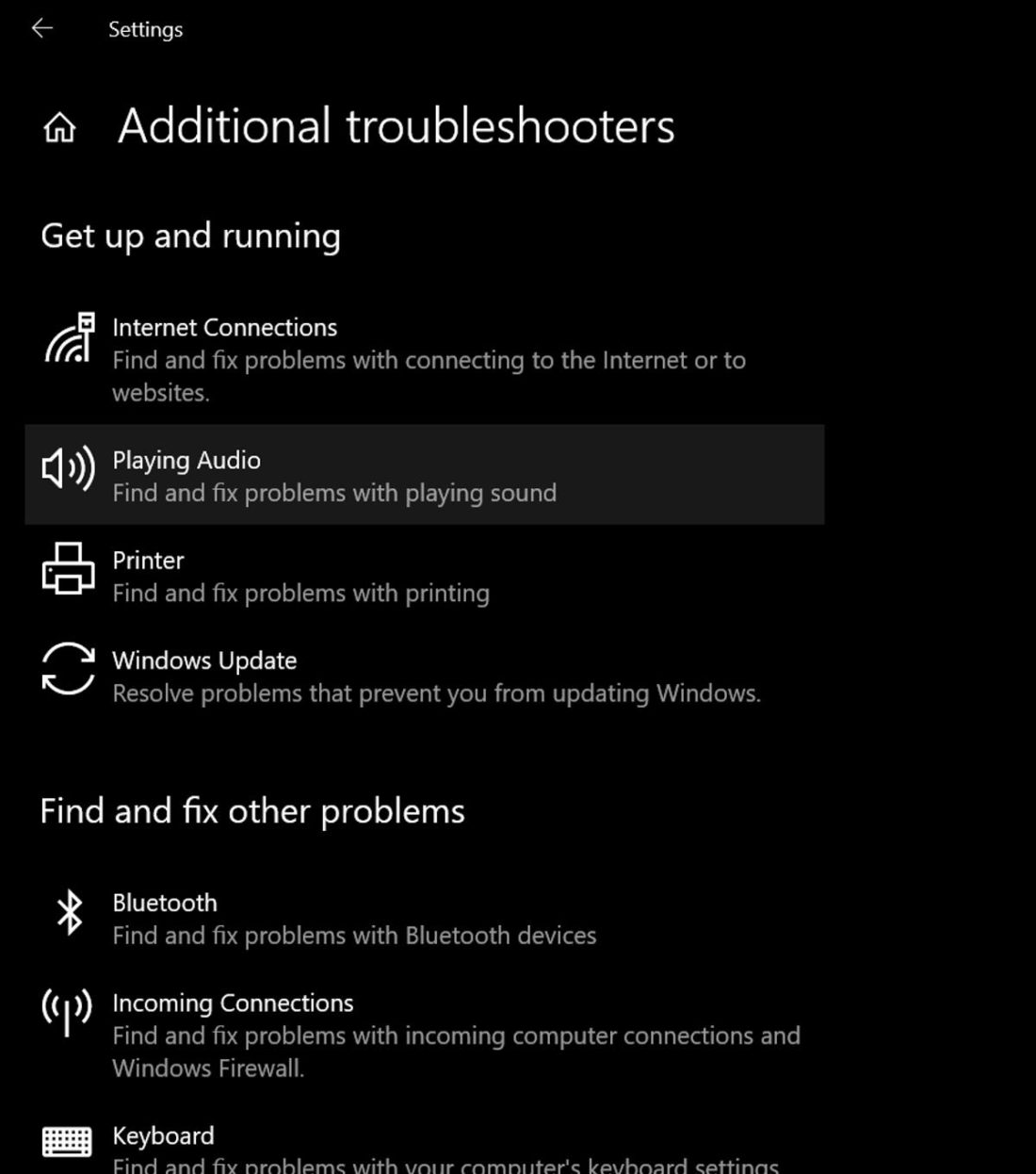 additional troubleshooters window with playing audio item highlighted