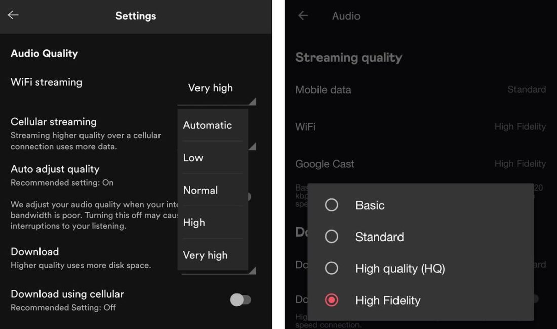 Audio quality settings for Spotify (left) and Deezer (right).