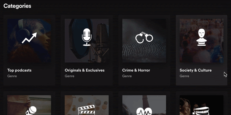 Podcast categories on Spotify.