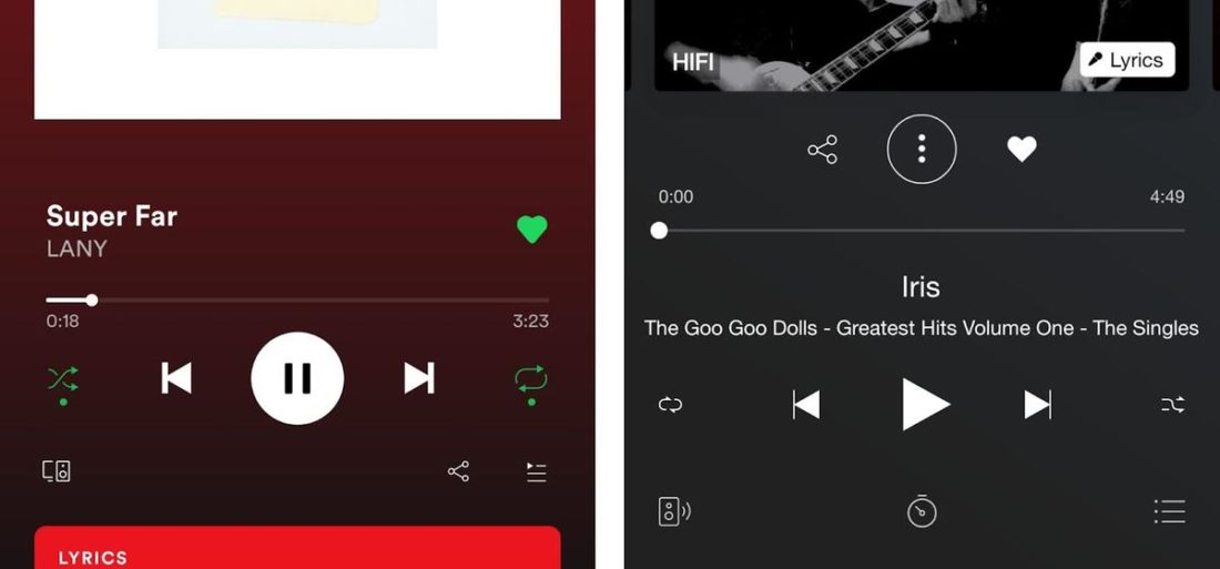 'Now Playing' screens on Spotify (left) and Deezer (right).