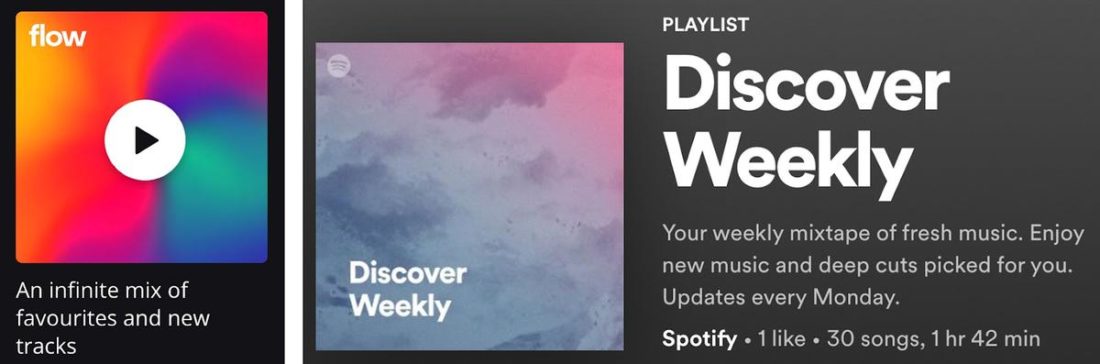Deezer's 'Flow' (left) and Spotify's 'Discover Weekly' (right).