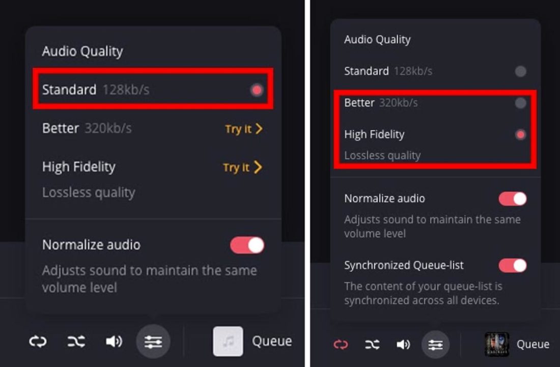 Deezer's audio quality settings for free (left) and paid (right) plans.
