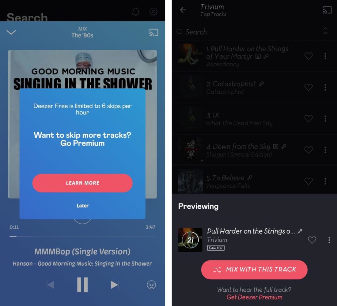 Song skip limit and song previews on Deezer mobile app.