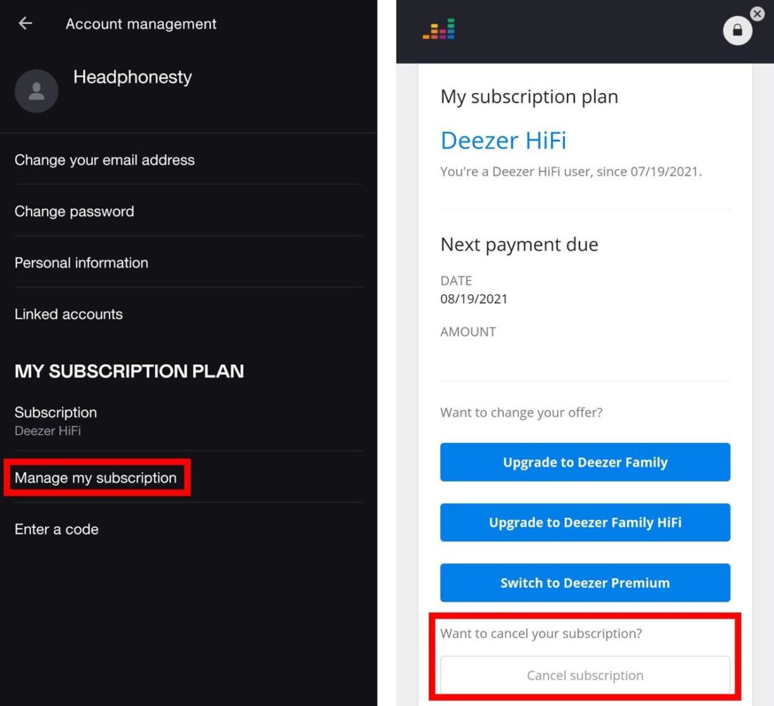 Subscription management settings in Deezer's mobile app.