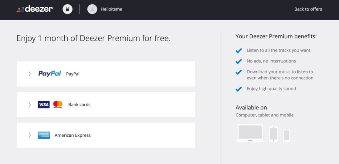 Deezer's subscription sign up page.