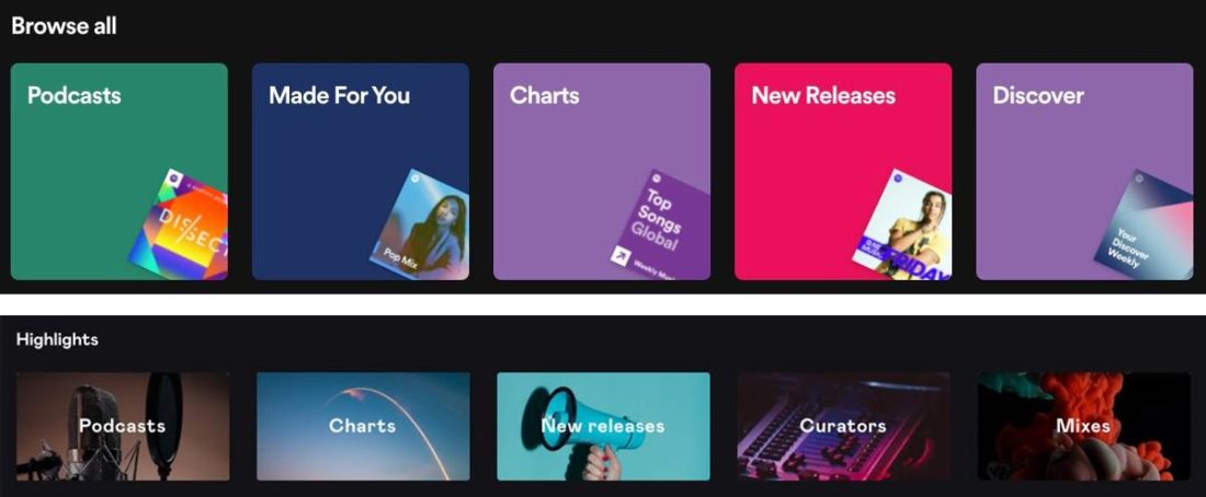 Spotify's 'Search' (top) and Deezer's 'Browse' (bottom).