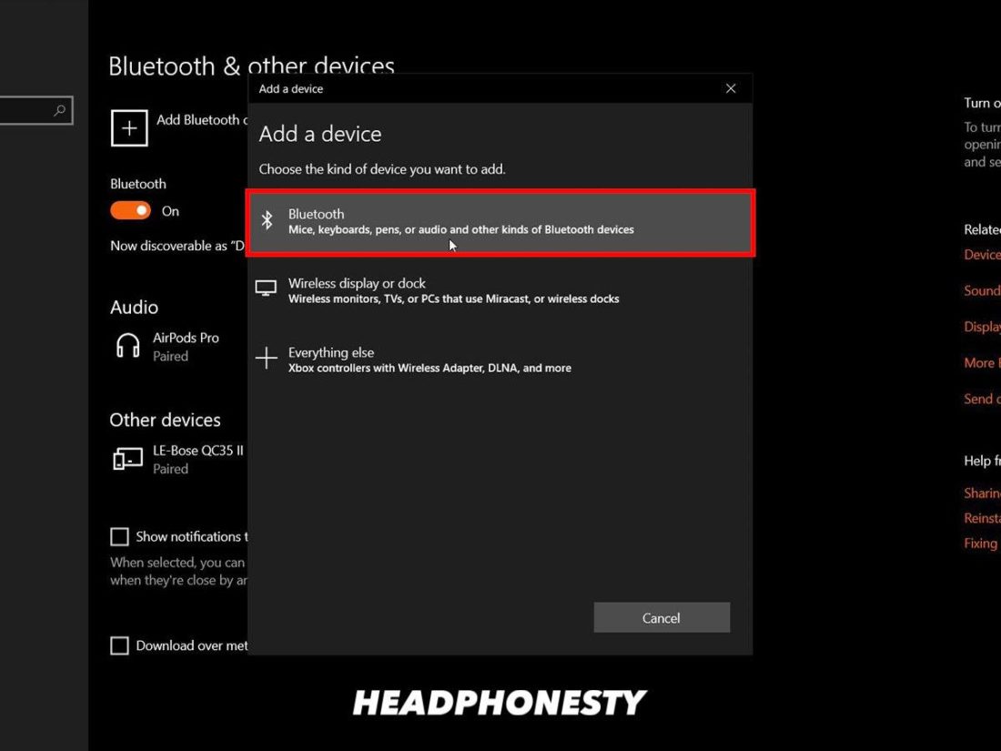 Adding a Bluetooth device through the Settings menu in Windows.