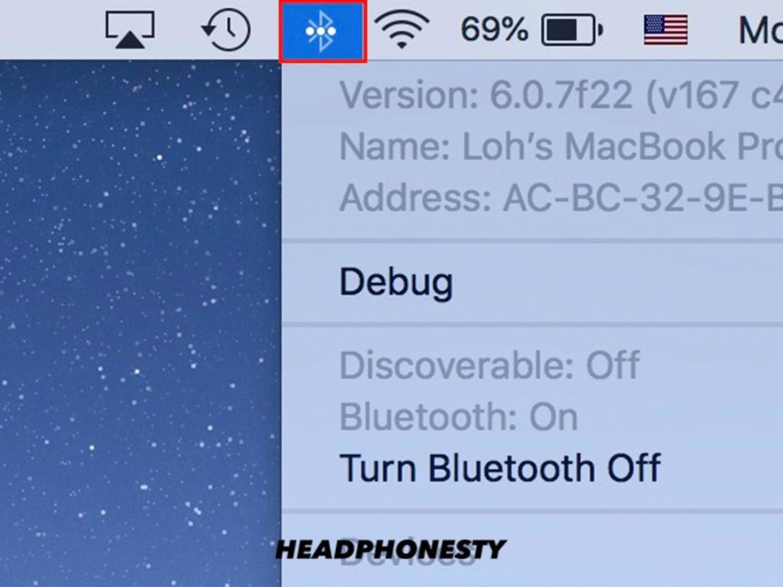 Ikon Bluetooth di pojok kanan atas bilah menu macOS.
