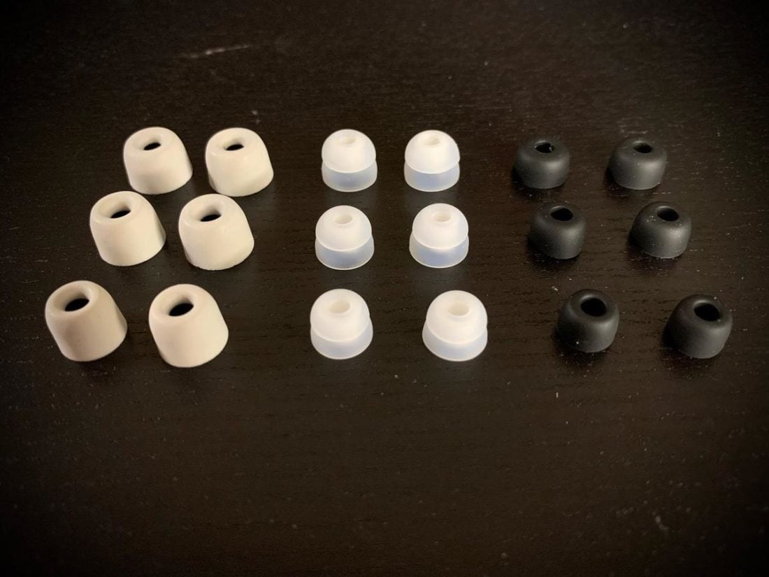Featured from left to right: foam tips, double flange silicone tips, and last but not least, the shorter bore silicone tips.