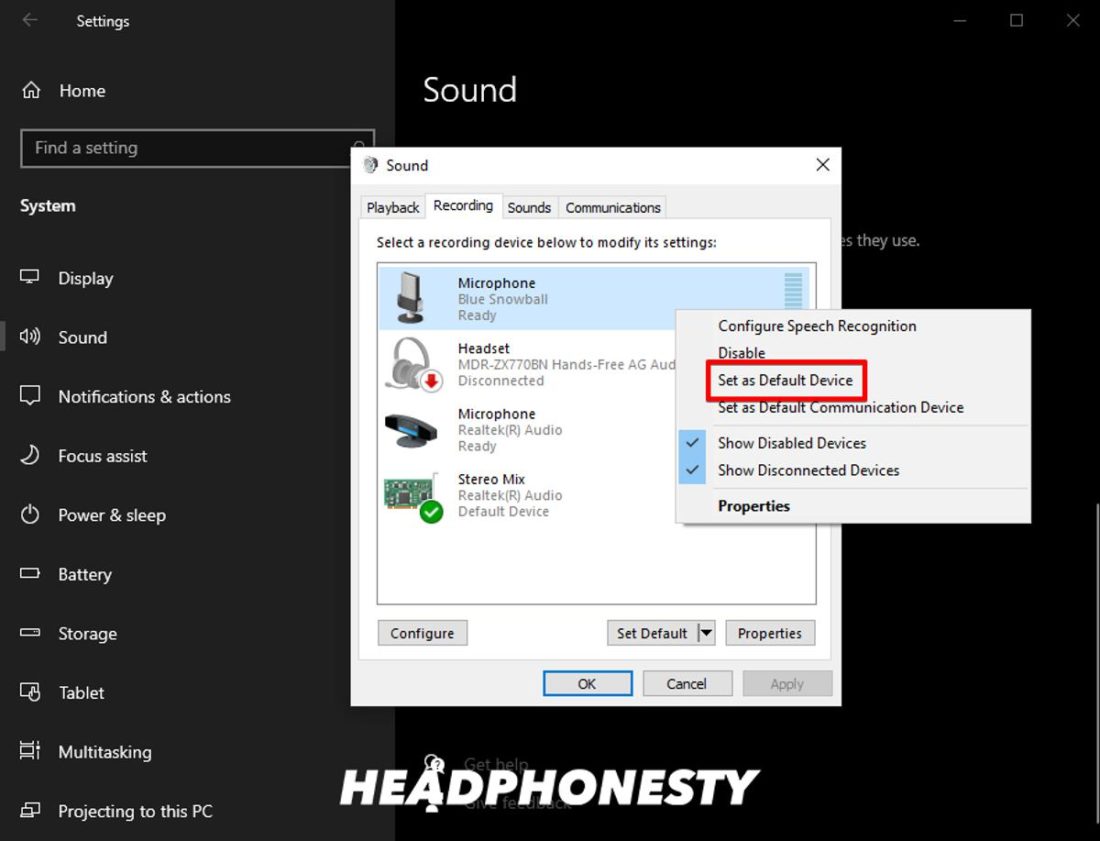 Setting the headset mic as the Default Device.