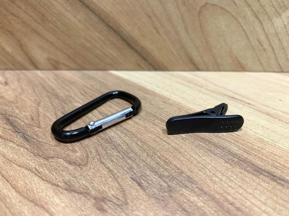 A shirt clip and a carabiner are included too. The shirt clip can be useful to hold down the cable and reduce microphonics.