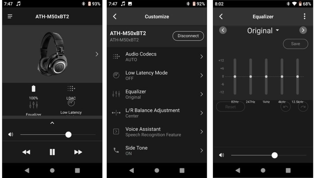 The A-T Connect application shows the ATH-M50xBT2 battery level and active Bluetooth codec at a glance. Besides that, the low latency mode and equalizer can be triggered on the application too.
