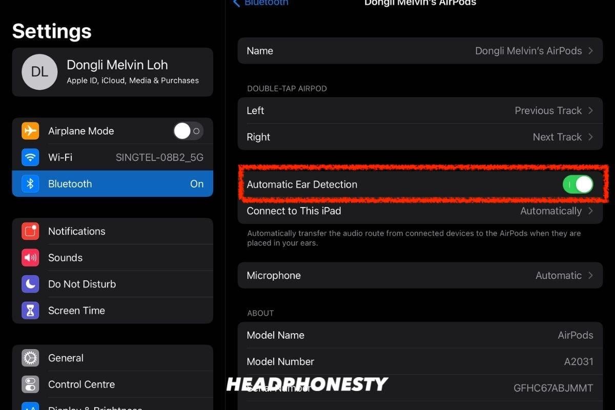 The Automatic Ear Detection feature's toggle