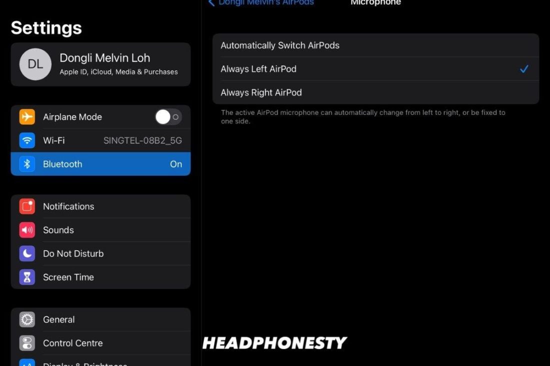 Setting your AirPods' microphone to either left or right.