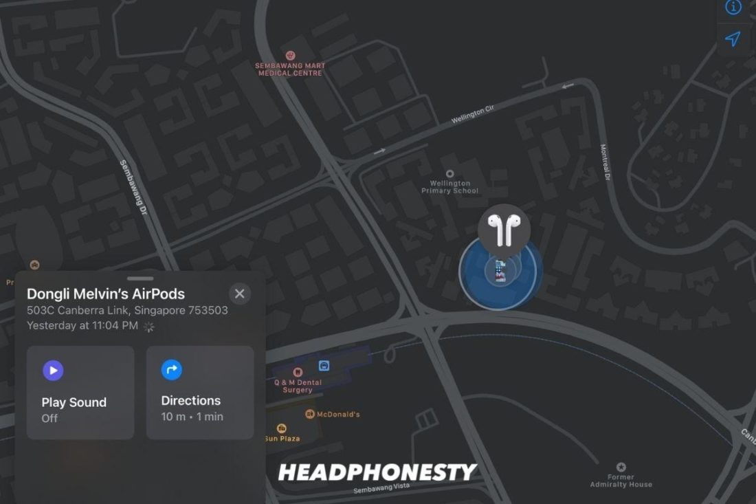 Location of AirPods on Find My app's map with option to Play Sound or get Directions to it.