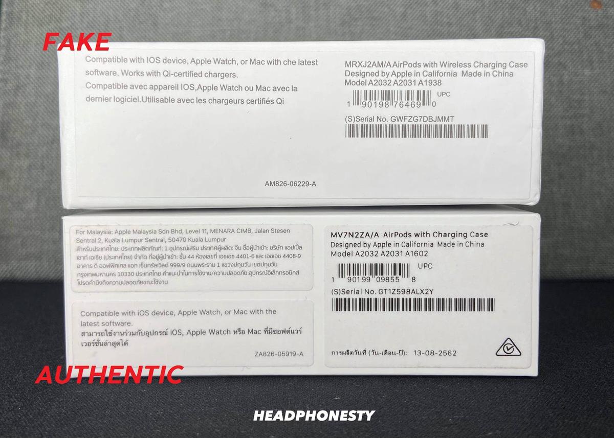 The difference between the packaging labels of fake AirPods and original ones