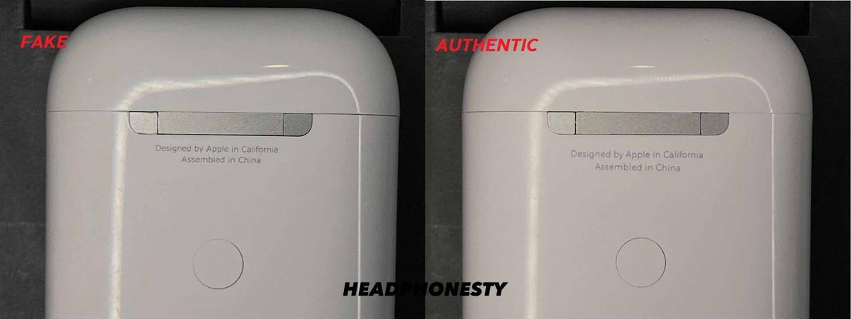 Button and text differences between original and fake AirPods