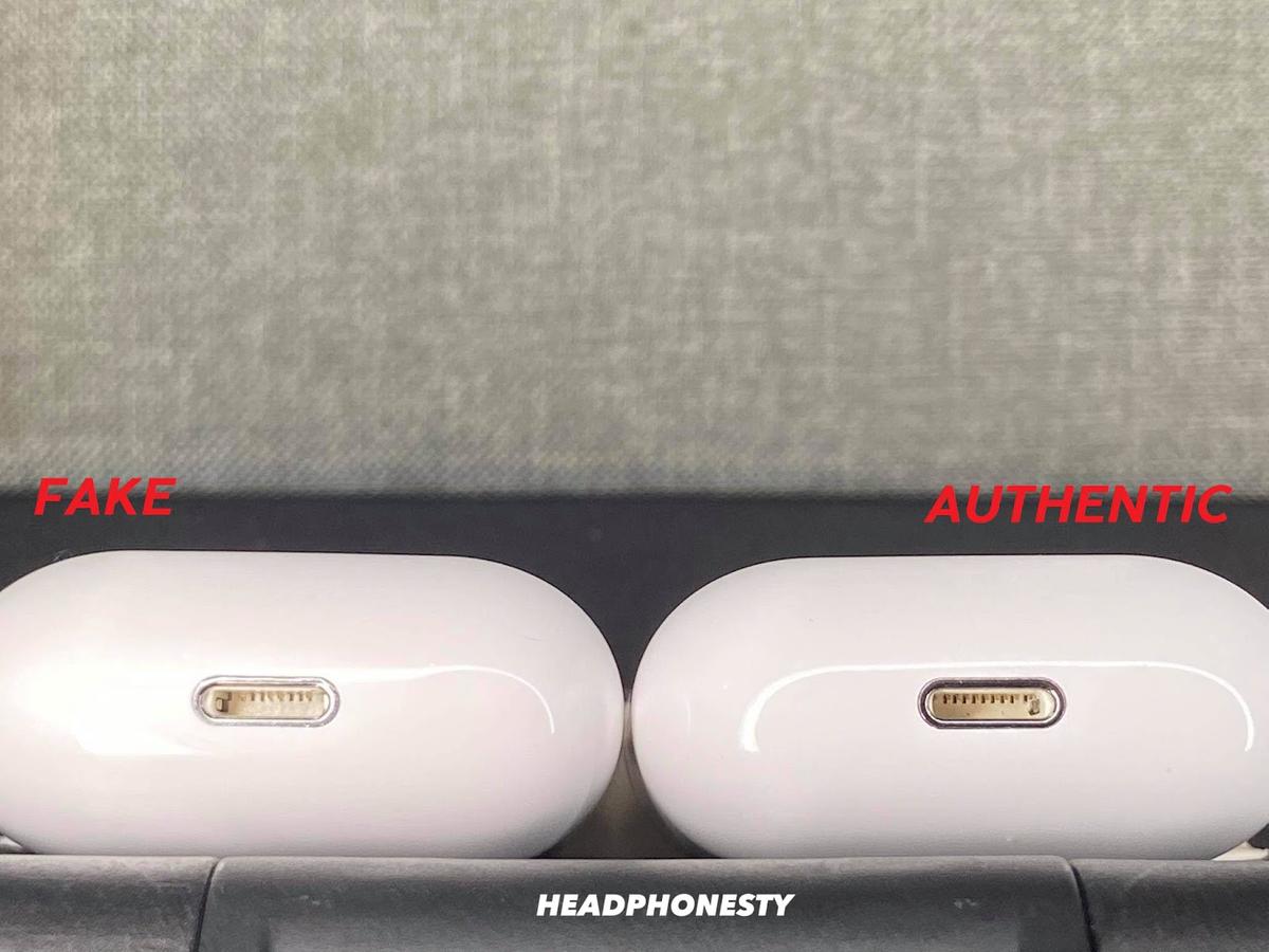  Lightning port of fake vs authentic AirPods