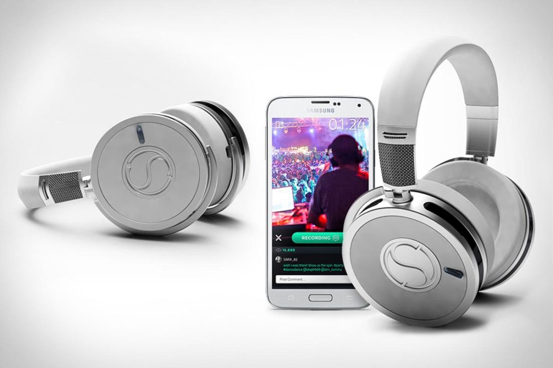 A pair of Soundsight headphones next to a smartphone. (From: uncrate.com https://uncrate.com/soundsight-headphones/)