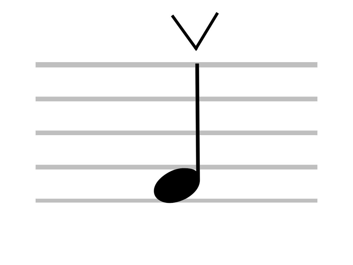 Close look at up bow or Sull’arco musical symbol