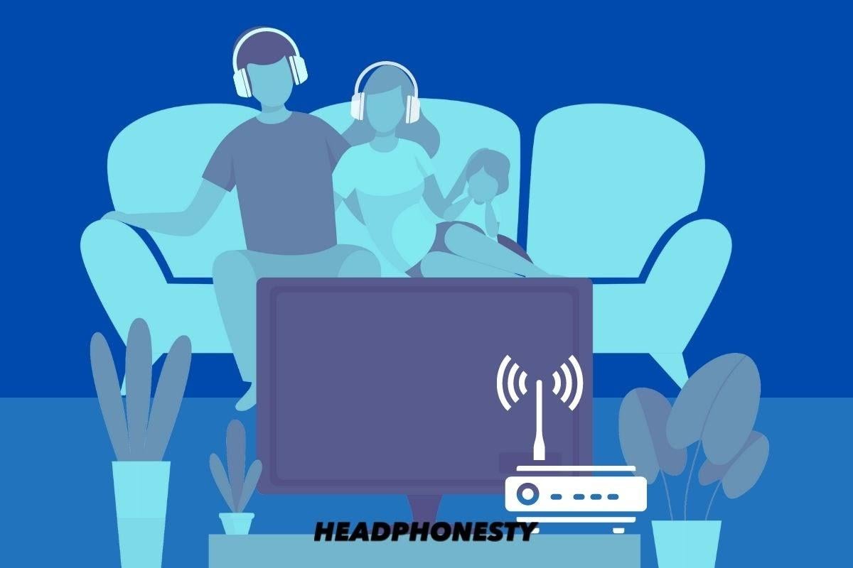 Family watching TV with Bluetooth Audio Transmitter and headphones
