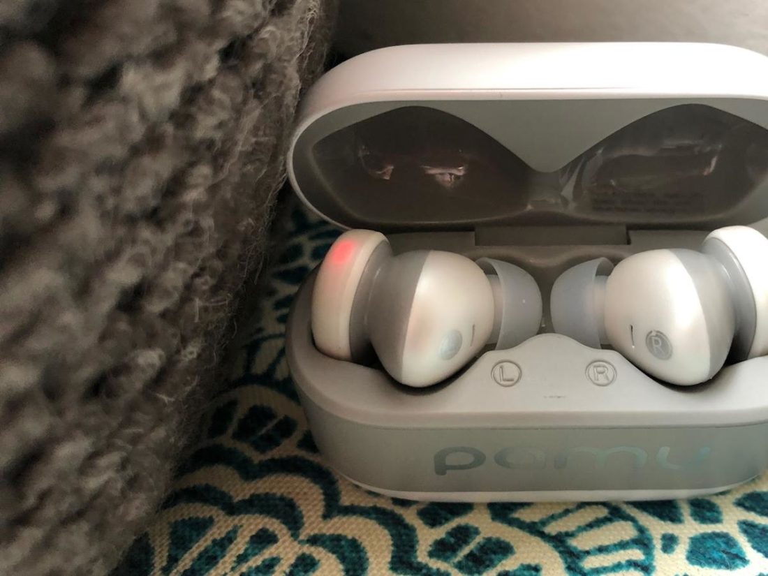 The earbuds have LEDs to indicate charge level.