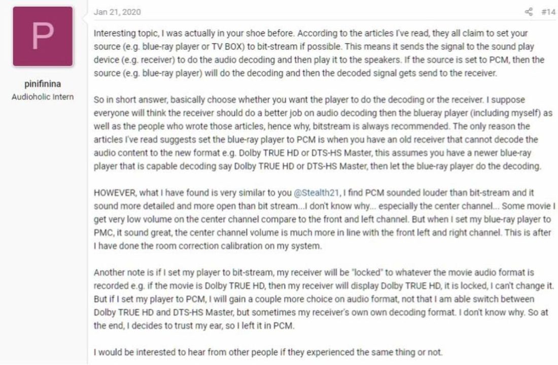 Audioholics forum user pinifinina comments about experiences with PCM. (from: Audioholics)
