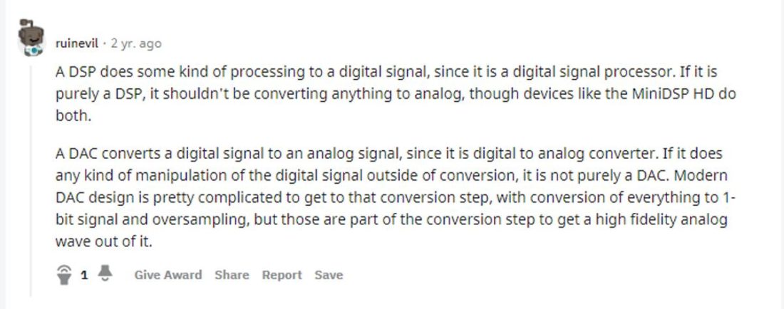 A user's perspective on the difference of DAC and DSP. (From: reddit.com)