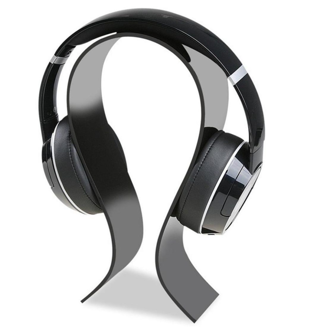 An arch stand holding a pair of black headphones. (From: Joom.com) https://www.joom.com/en/products/5f0e0fc4ca6c350106b1498b