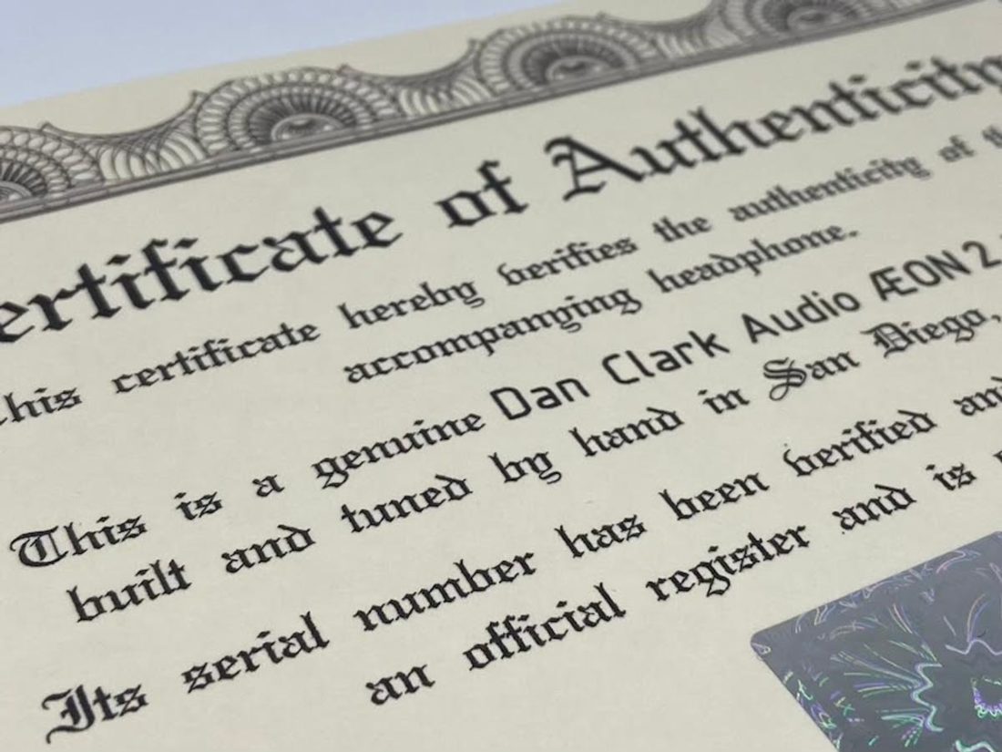 DCA Aeon 2c certificate of authenticity.