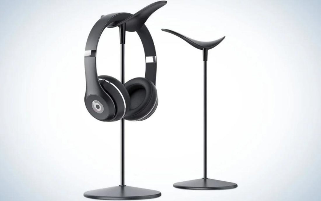 Free-standing hanger with a pair of headphones. (From popsci.com) https://www.popsci.com/reviews/best-headphone-stand/