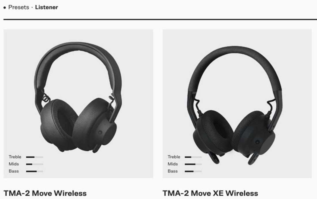 The standard TMA-2 MOVE Wireless shows with slightly elevated bass and recessed treble, while the XE version shows recessed treble and elevated midrange. (From: aiaiai.audio.com)