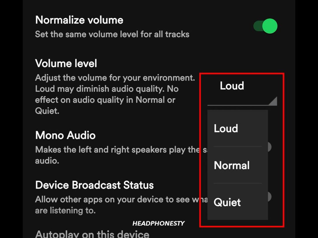 Three volume level normalization options on Spotify