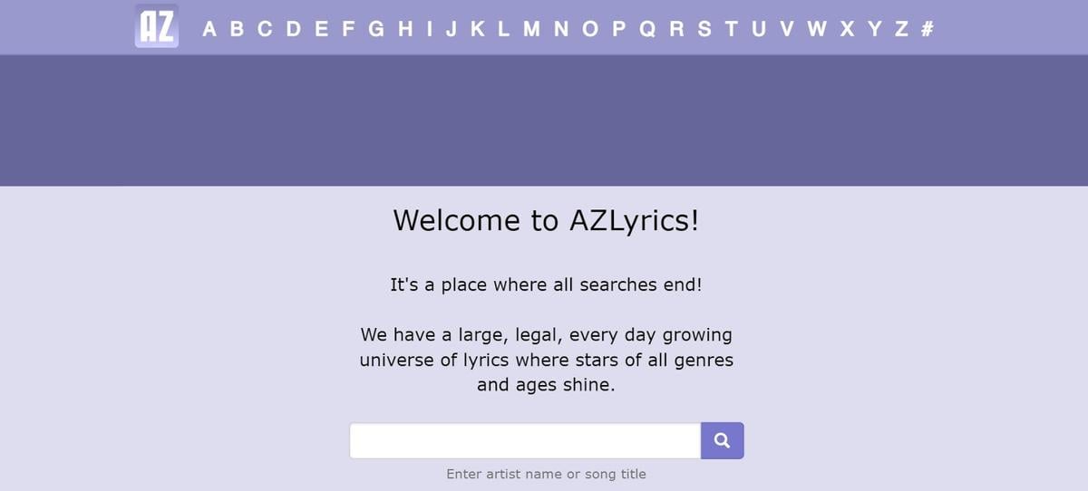 AZLyrics website landing page
