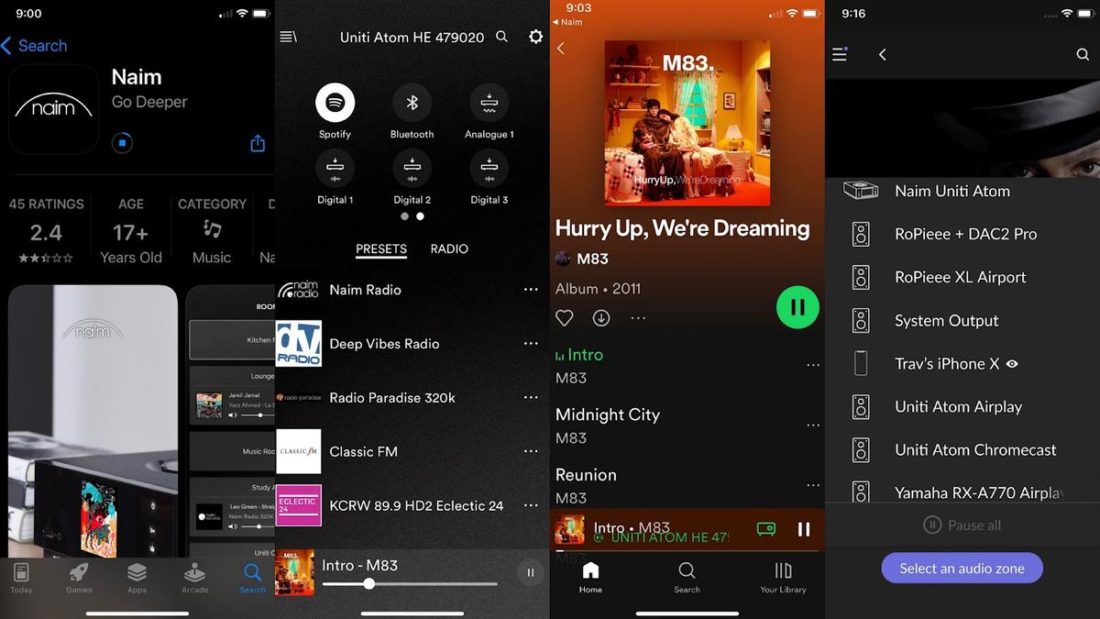 Download the Naim app for iOS or Chrome and use it to access Spotify, Tidal, Qobuz, internet radio, or local network servers. For Roon playback, you can use the Roon app to direct audio to the Atom HE.