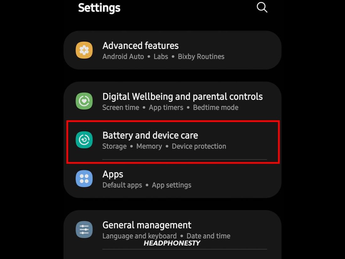 Battery and device care settings on Android