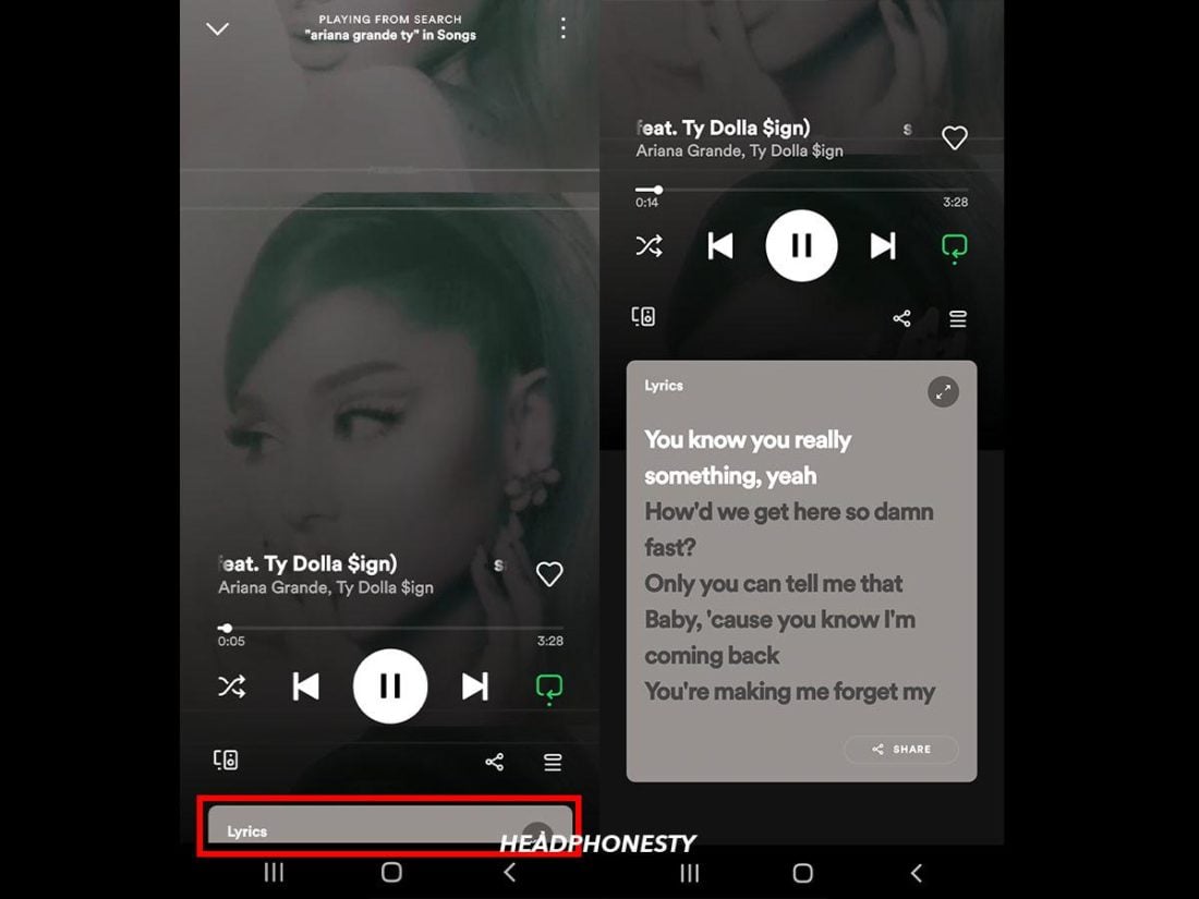 Lirik Spotify di aplikasi seluler