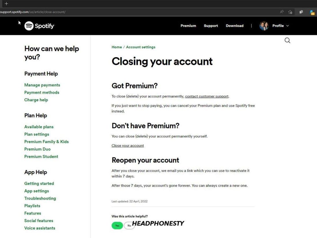 The Spotify support page