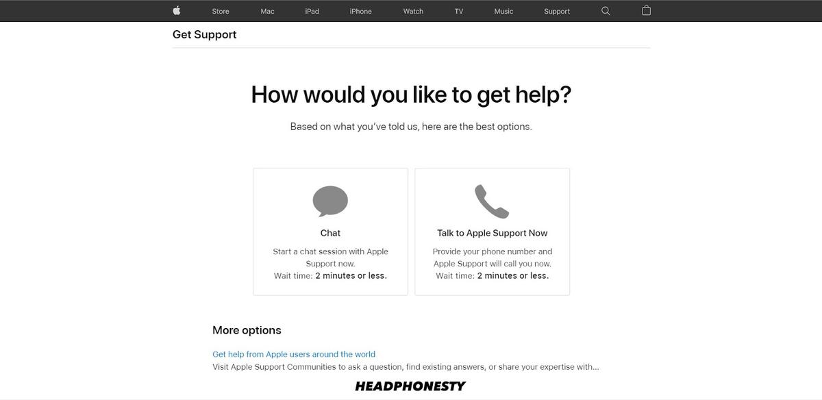 Options for call or chat for Apple Support