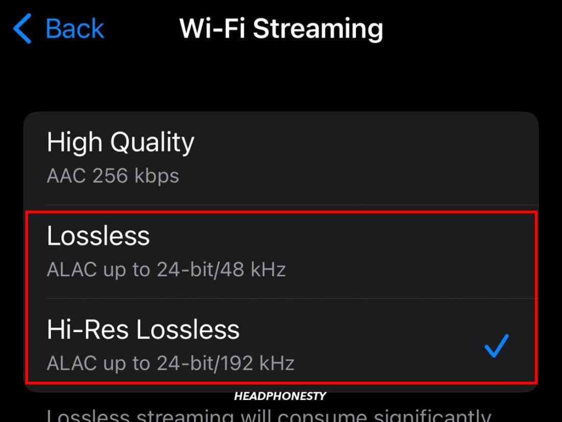Choosing Wi-Fi Streaming quality on iPhone