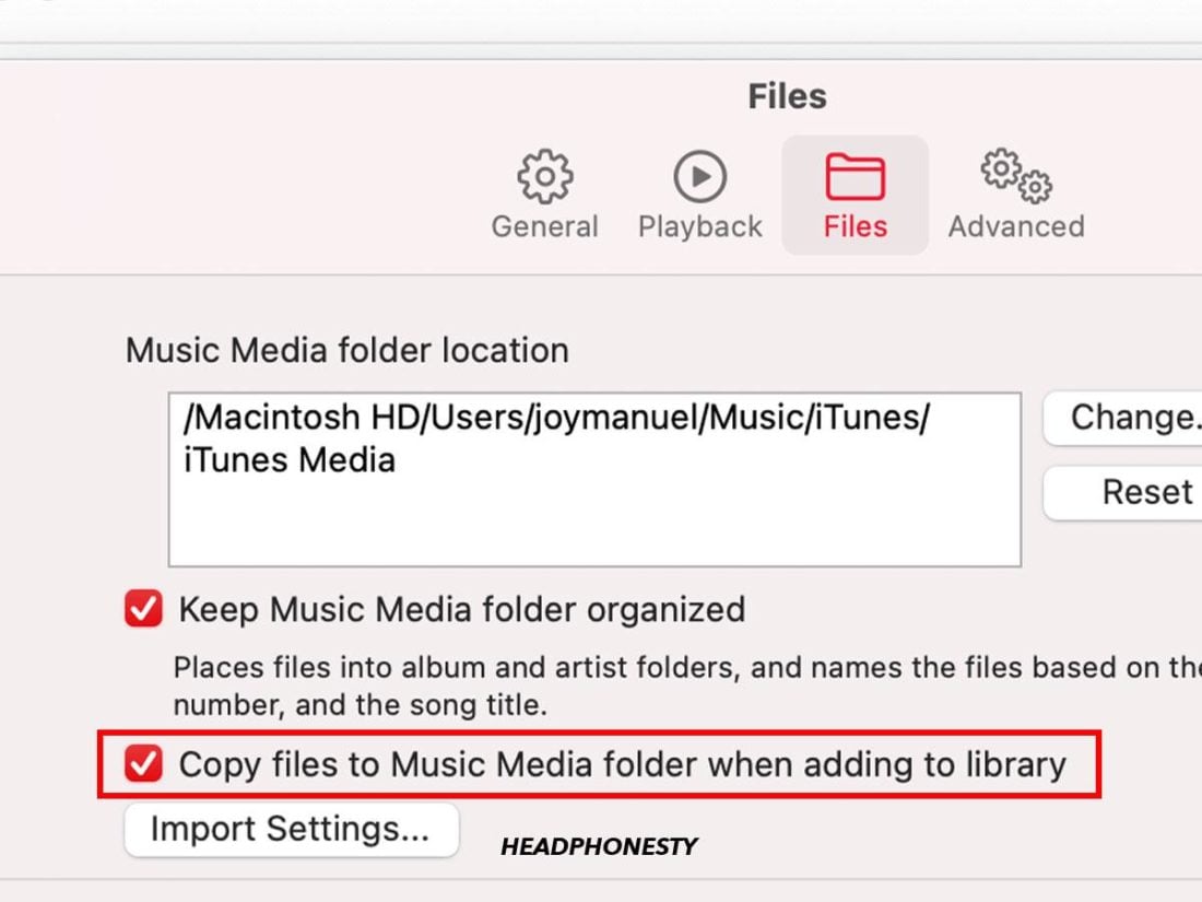 Enable ‘Copy files to Music Media folder when adding to library’ on Mac