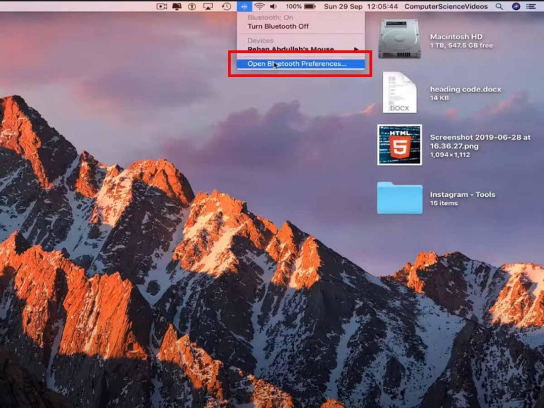 Opening Bluetooth Preferences on Mac (From: Youtube/ComputerScienceVideos) https://www.youtube.com/watch?v=l-wsLJNoG1I