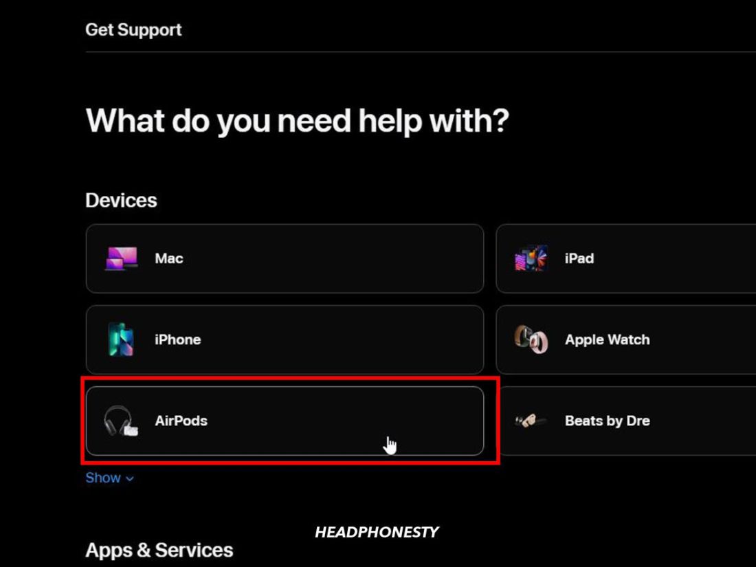 Selecting AirPods on Apple Support page
