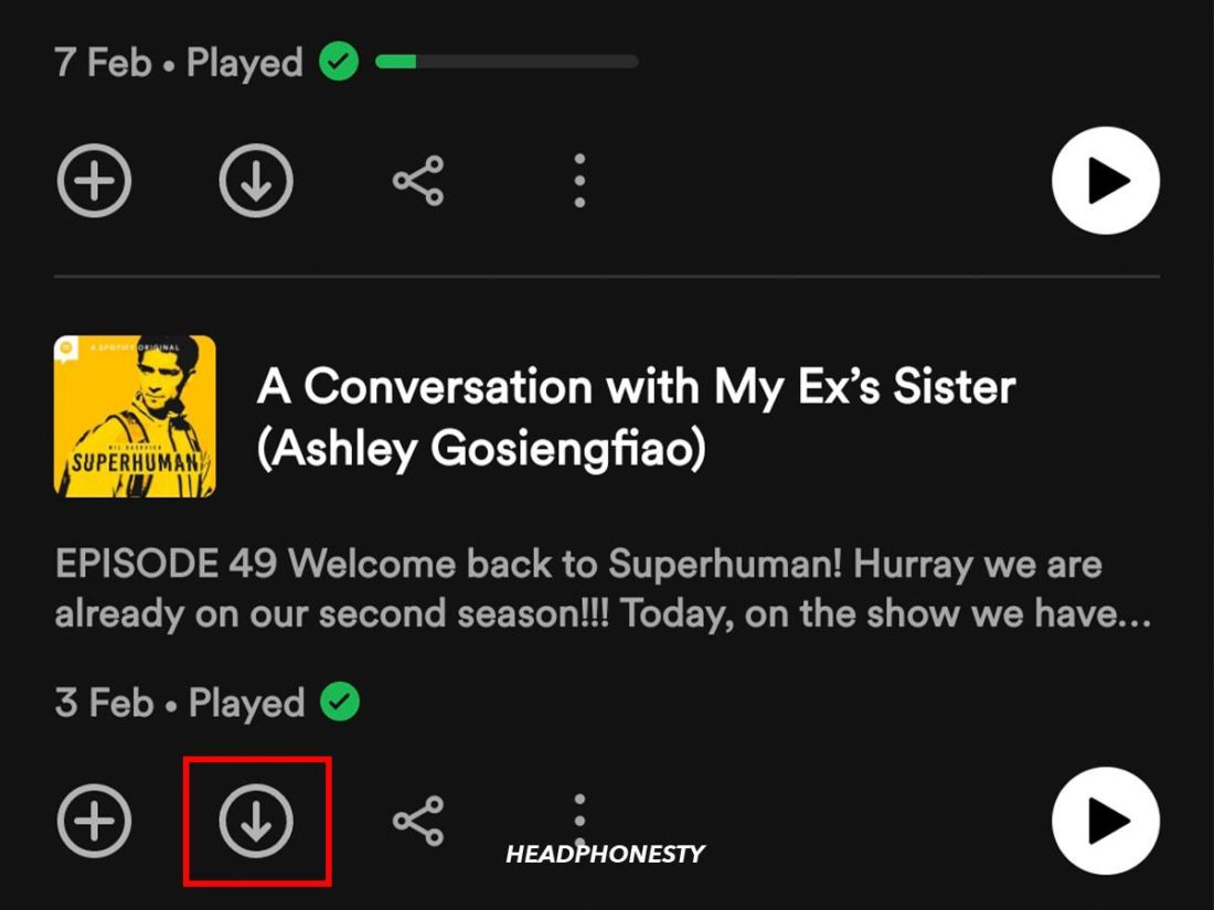 Tap download button for Spotify podcast series