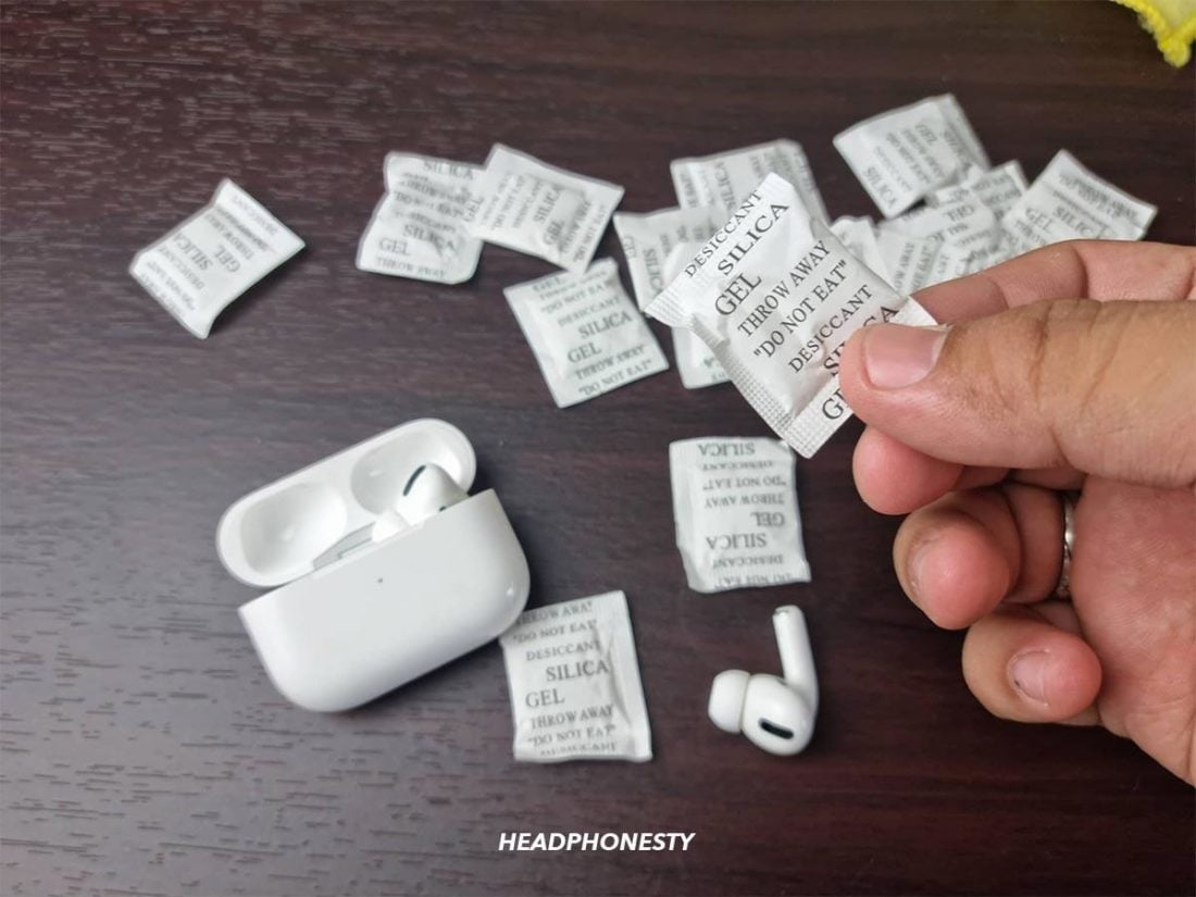 Using desiccant for water-damaged AirPods