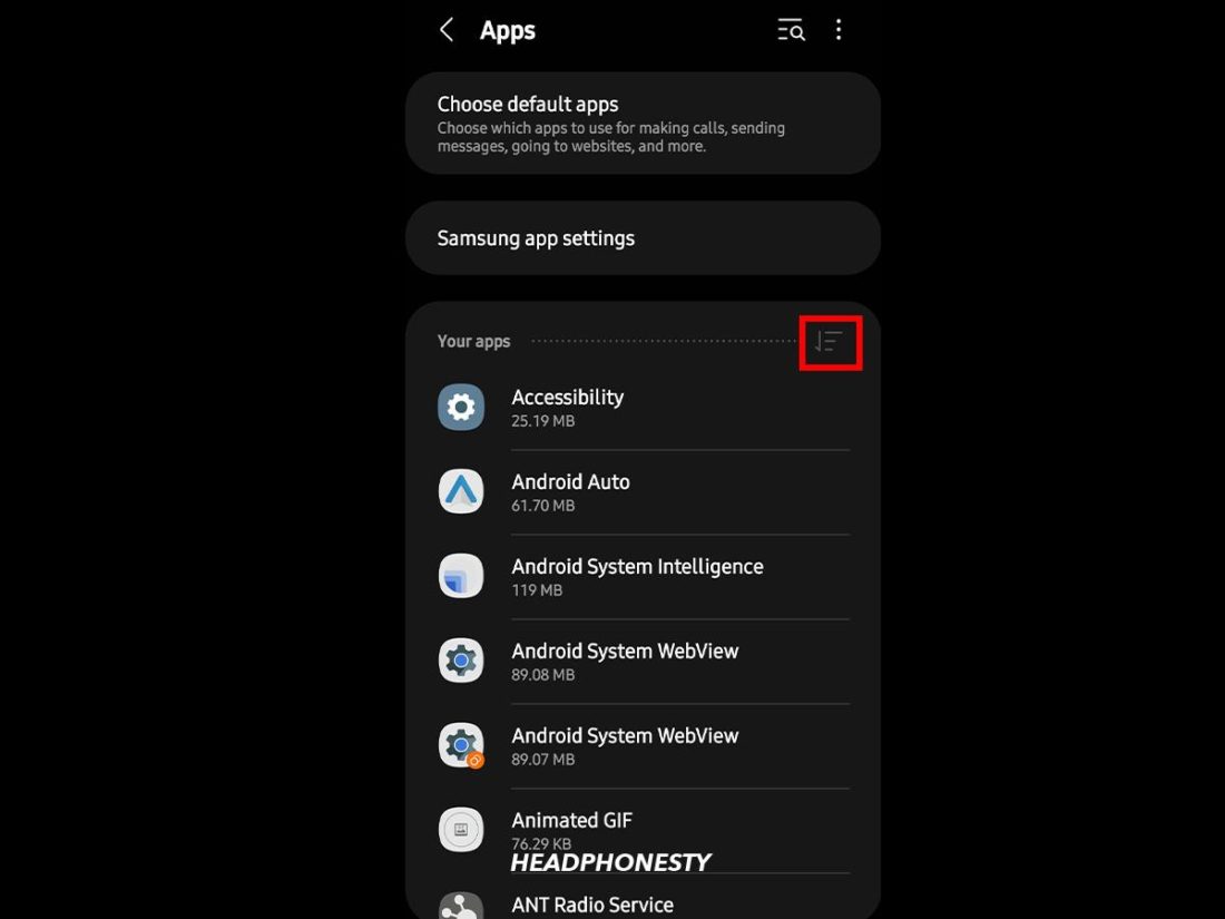 Apps settings menu on Android