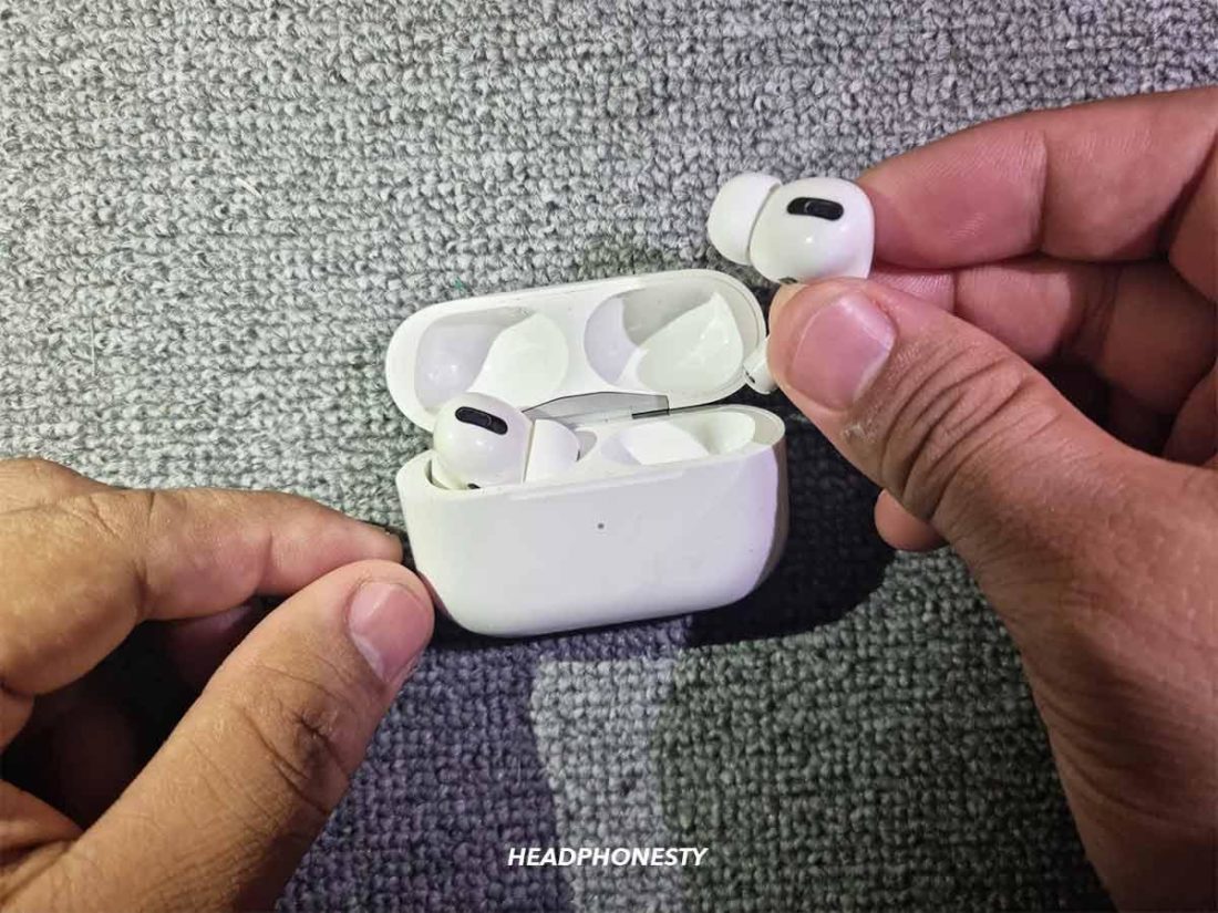 Keep one AirPod back in the case, and insert the other in your ear